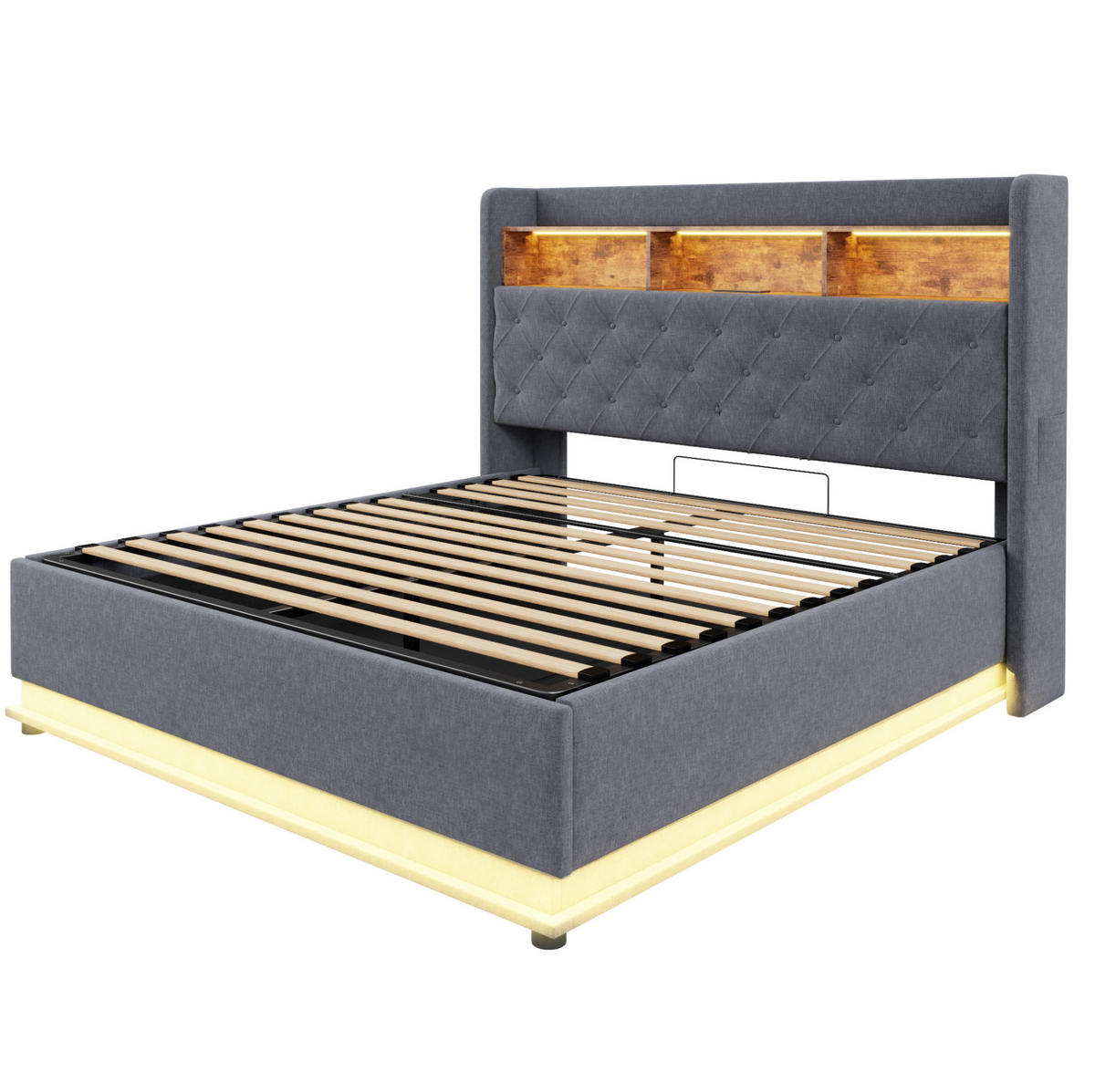 POLSTERBETT 180/200 cm Grau mit LED-Beleuchtung und USB-Anschluss aus Leinen - Grau, Textil (180/200cm) - OKWISH