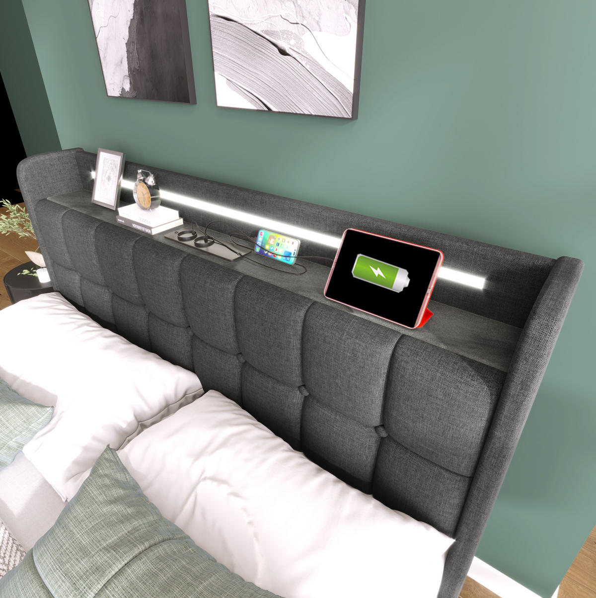 POLSTERBETT 140/200 cm mit LED-Beleuchtung, USB und 4 Schubladen in Grau - Grau, Holz (140/200cm) - BEAOK