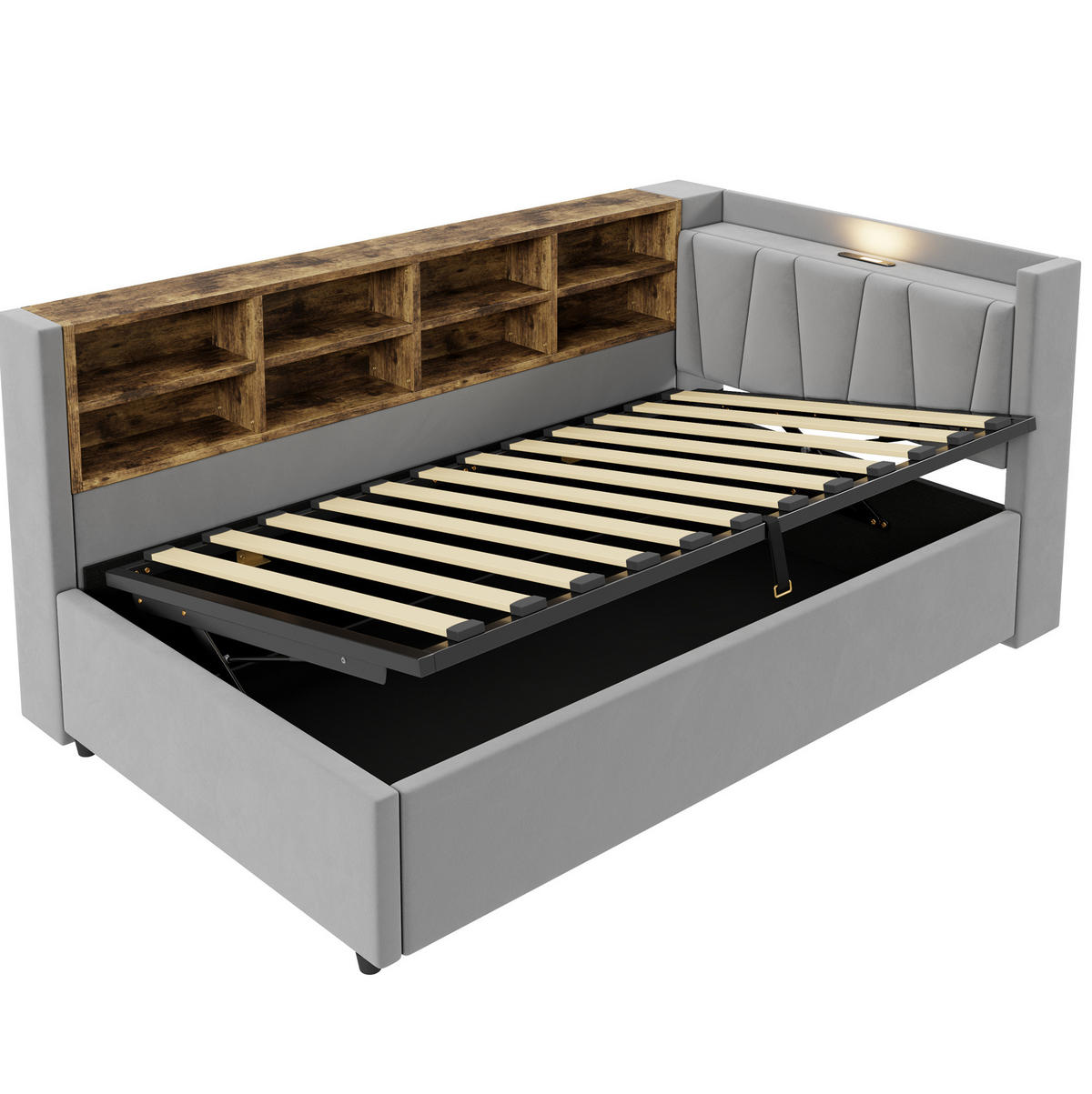 POLSTERBETT 90/200 cm mit hydraulischem Stauraum, USB- und USB-C-Anschluss, Ablagen und Samtbezug, Hellgrau - Hellgrau, Textil (90/200cm) - Redom
