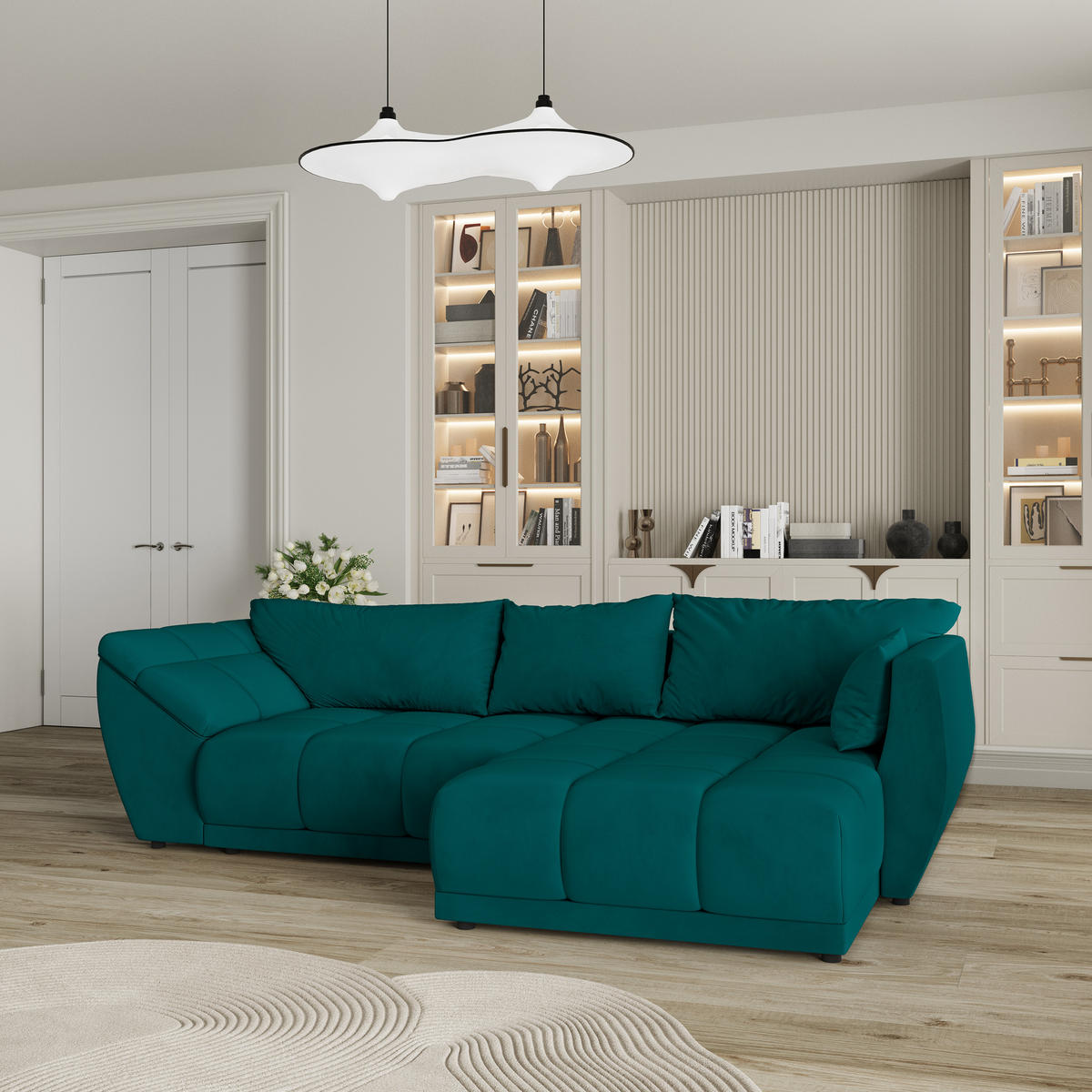 ECKSOFA ORENTI R-S Blau Velours-Stoff mit Schlaffunktion - Blau, Holz (287/182cm) - MASSENO