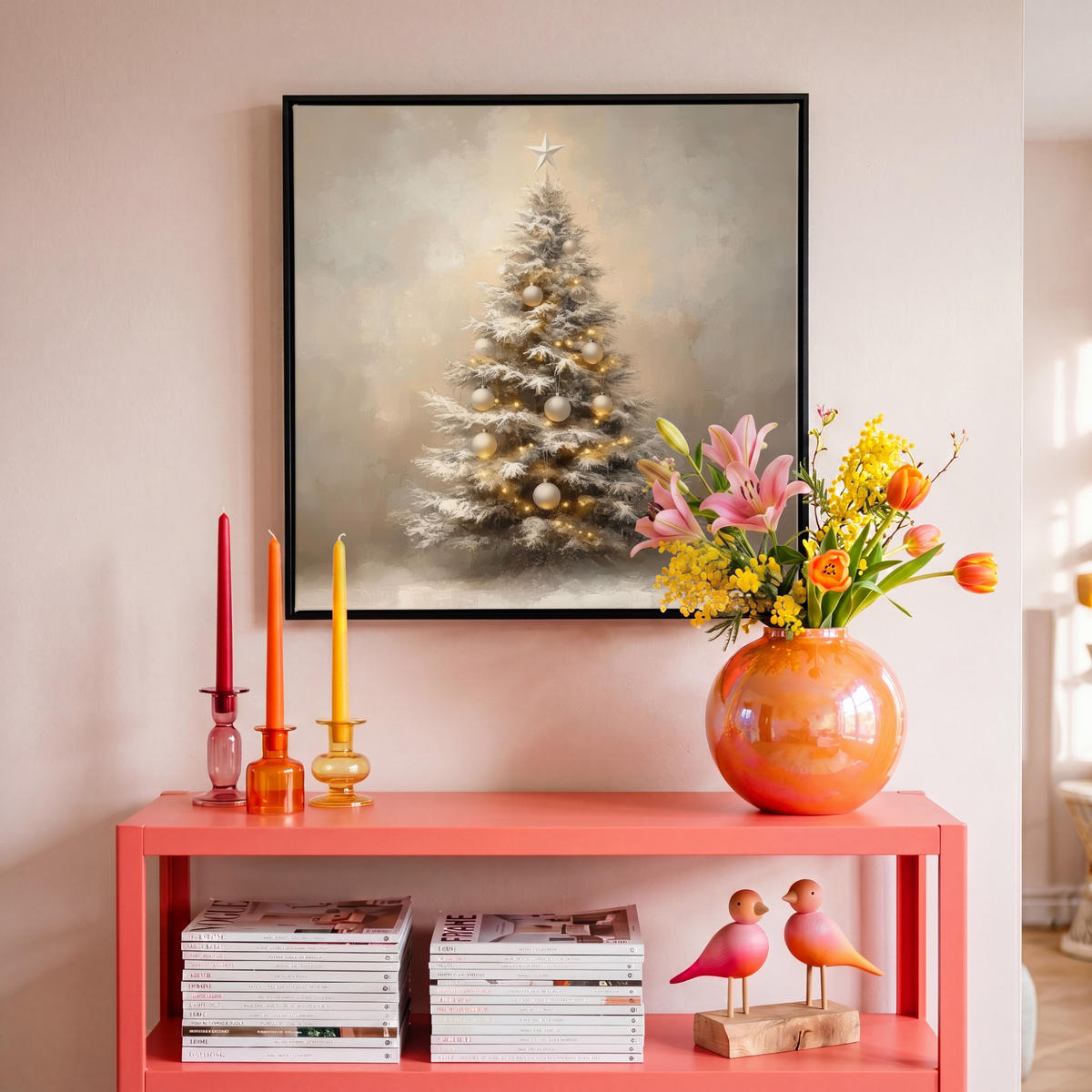 LEINWAND Bilder mit Rahmen - Weihnachten - Weihnachtsbaum - Schnee - Kunst - 50x50 - Champagner, Textil (50/50cm) - MuchoWow