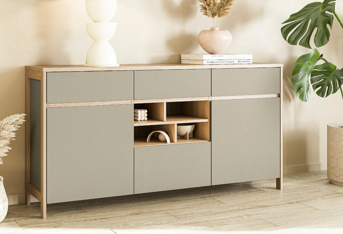 SIDEBOARD Salbei grün, Eiche, Kommode skandinavisch 164 cm, Soft-Close - Salbeigrün/Eichefarben, Holzwerkstoff/Metall (164/85/39cm) - Furn.Design