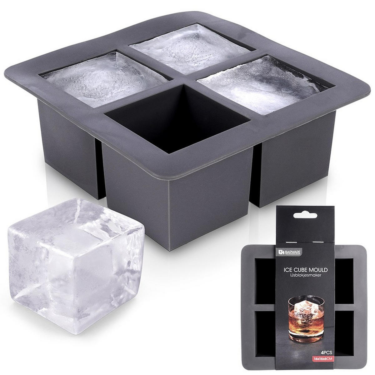 EISWÜRFELFORMER große Würfel XL für Whisky 16/16/6 cm - Anthrazit, Kunststoff (16/6/16cm) - Excellent Houseware
