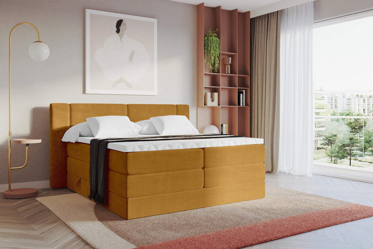 BOXSPRINGBETT mit Matratze H3/H4 - EVON KING - 140x200 cm Senfgelb - Dunkelgelb, Holzwerkstoff (140/200cm) - ALTDECOR