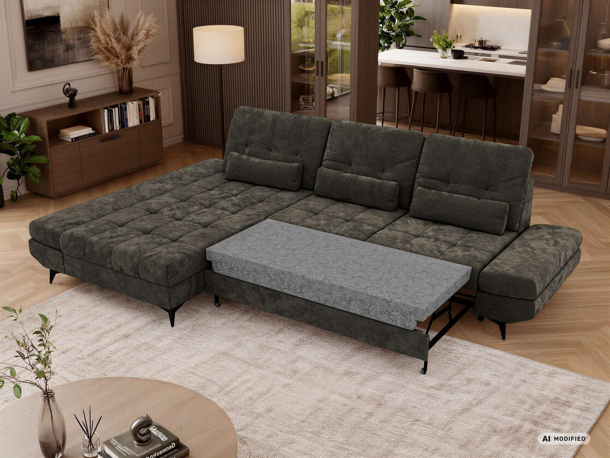 ECKSOFA ALVENO L - Dunkelgrau Schenille glatt - Links Seite - Dunkelgrau/Schwarz, Textil/Metall (218/344cm) - MKS