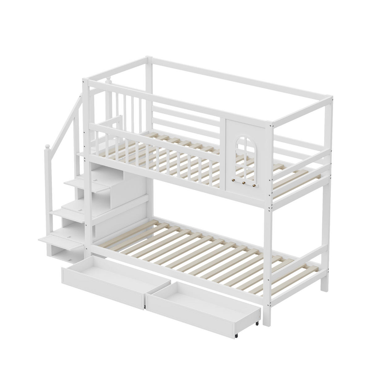 ETAGENBETT 90/200 cm weiß aus massivem Holz mit Sicherheitsleiter und Aufbewahrung - Weiß, Holz (90/200cm) - OKWISH