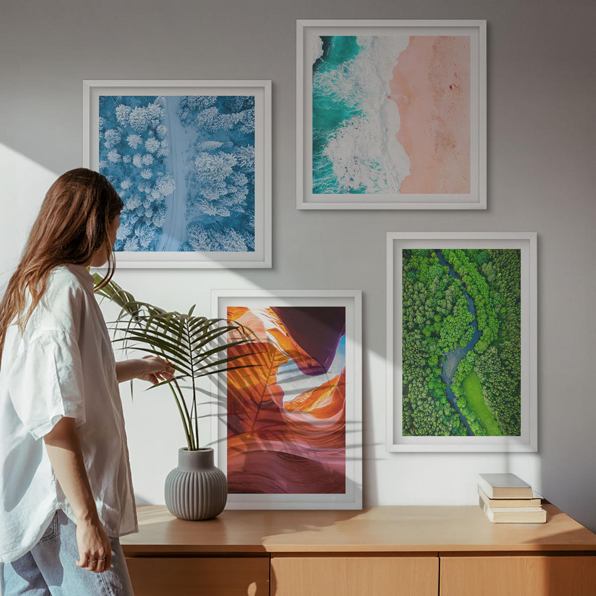 WANDBILDER 4er-Set - 50x50 cm & 40x60 cm Weißer Rahmen - Grün der Wasserschlucht im Winter - Weiß, Kunststoff (50/50cm) - ArtPrintCave