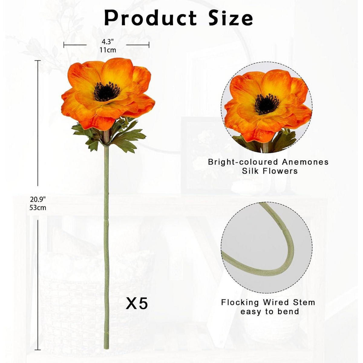 KUNSTBLUMEN 5er Set Anemonen Orange 53 cm - Orange, Kunststoff (53cm)