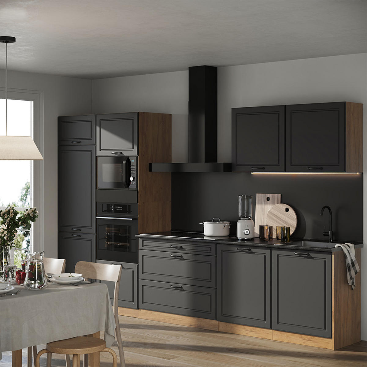 KÜCHENZEILE R-Line, Anthrazit Landhaus/Goldkraft Eiche, 340 cm Arbeitsplatte Goldkraft Eiche - Eichefarben/Anthrazit, Holzwerkstoff (340/206.8/60cm) - Vicco