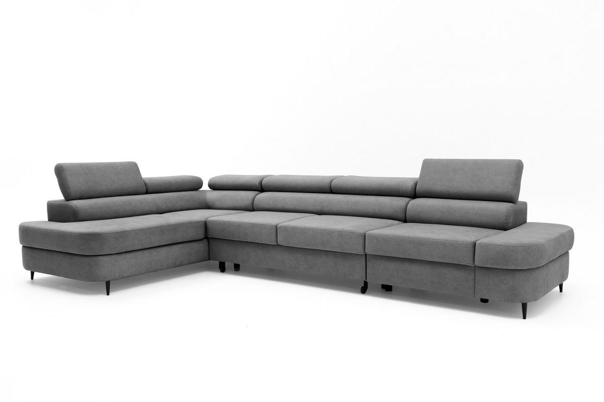 ECKSOFA PRIAM MAXI L-Form mit Schlaffunktion & Bettkasten, 6-Sitzer, 350cm, Verstellbare Kopfstützen, Ottomane Links - Grau, Holz/Textil (350/203cm) - Muffo