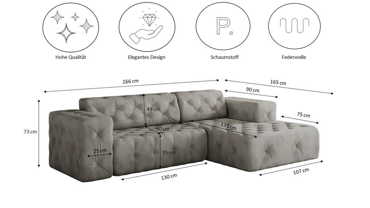 ECKSOFA L-Form Gesteppt LUX Stoff Whisper Rechts Silber - Silberfarben, Holz/Kunststoff (266/165cm) - Kaiser Möbel