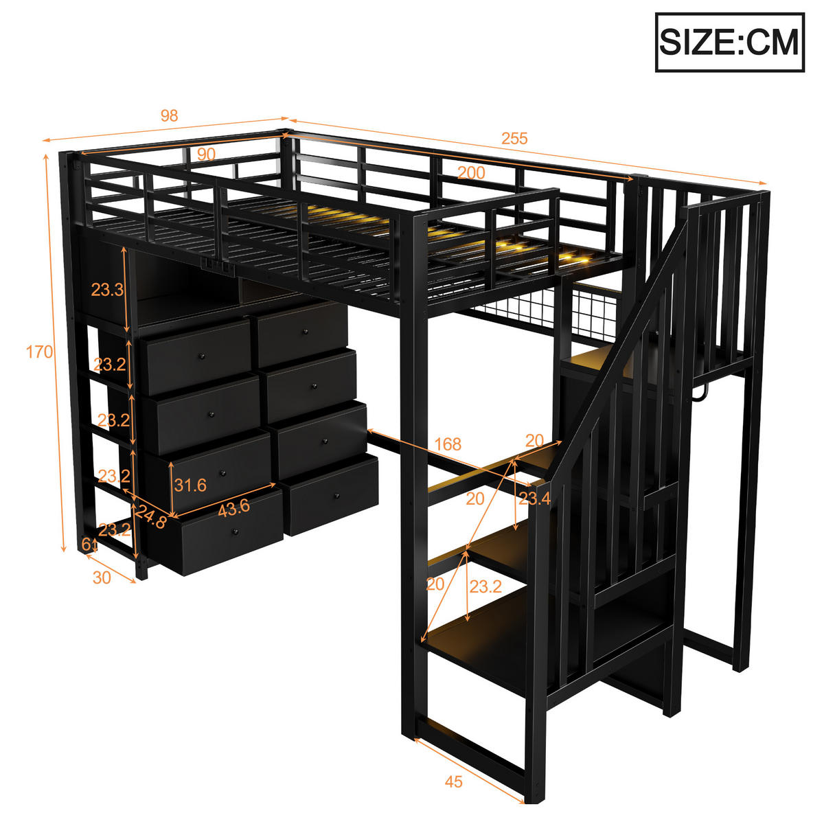 HOCHBETT 90x200cm mit 8 Schubladen und Aufbewahrungsleiter, Schwarz - Schwarz, Metall (90/200cm) - KOMHTOM