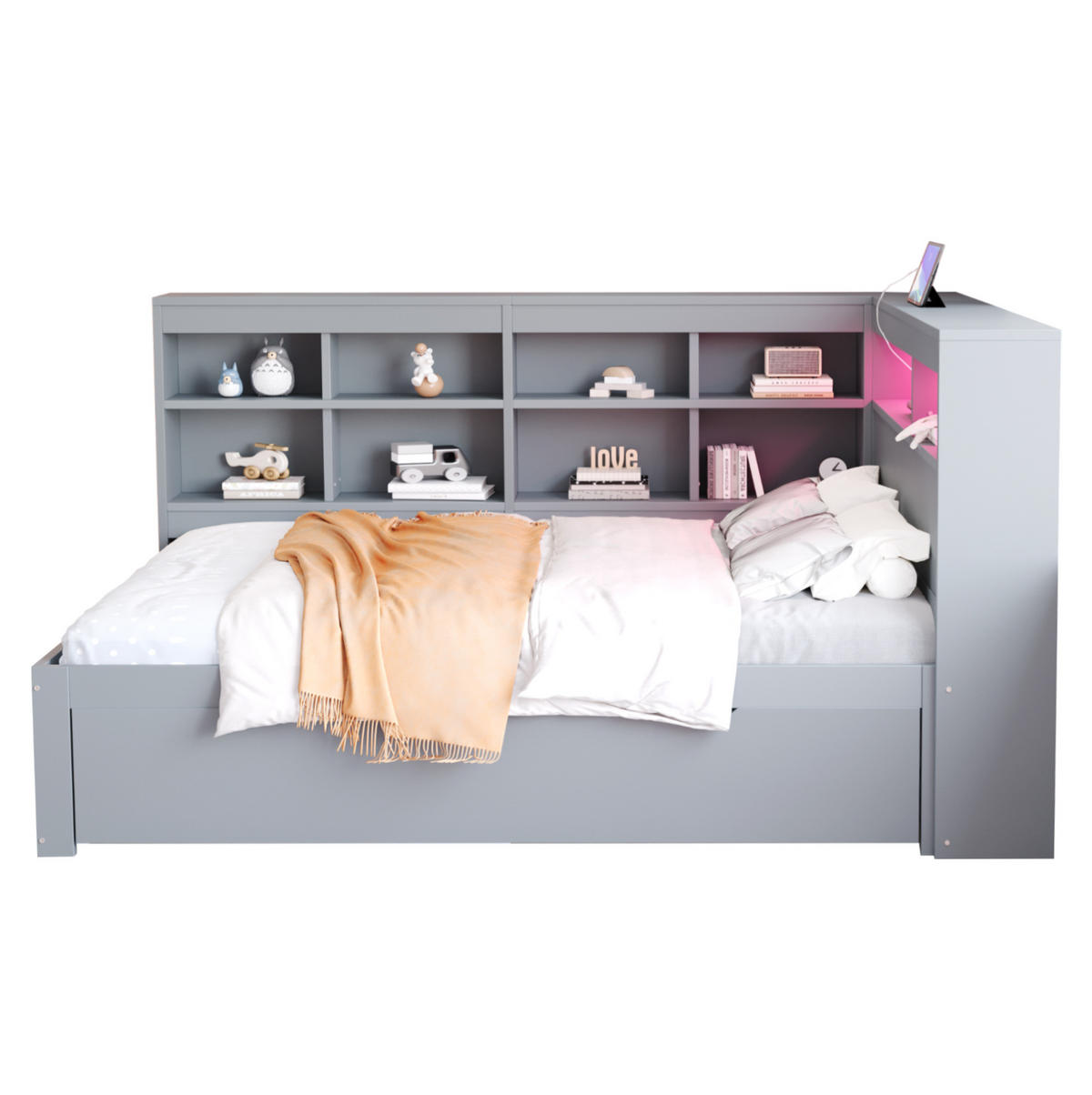 DOPPELBETT aus Kiefernholz 140x200 cm Grau mit Stauraum, USB-Anschluss und LED-Beleuchtung - Grau, Holz (140/200cm) - IVMEU