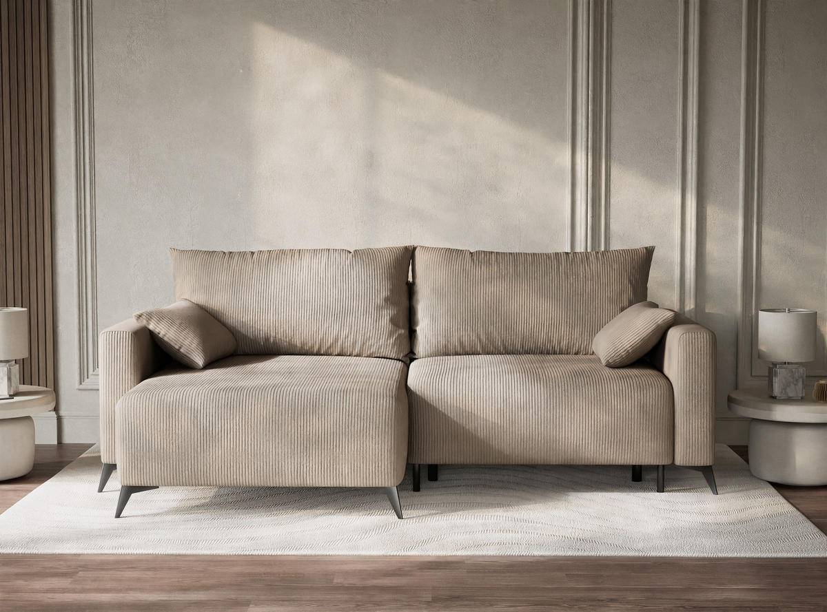 ECKSOFA MIT SCHLAFFUNKTION Leon Beige Samtstoff - Beige/Schwarz, Holz/Holzwerkstoff (148/239cm) - Maison de Reve