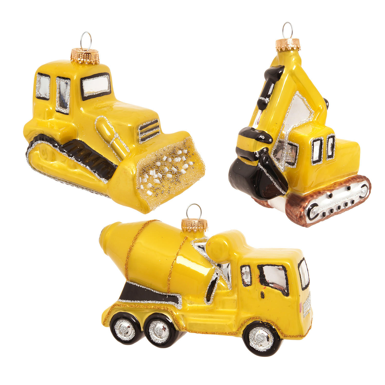 CHRISTBAUMSCHMUCK Baustellenfahrzeuge Gelb 12cm (Glas / 1 Stk.) - Gelb, Glas (9/12/6cm) - Krebs Glas Lauscha