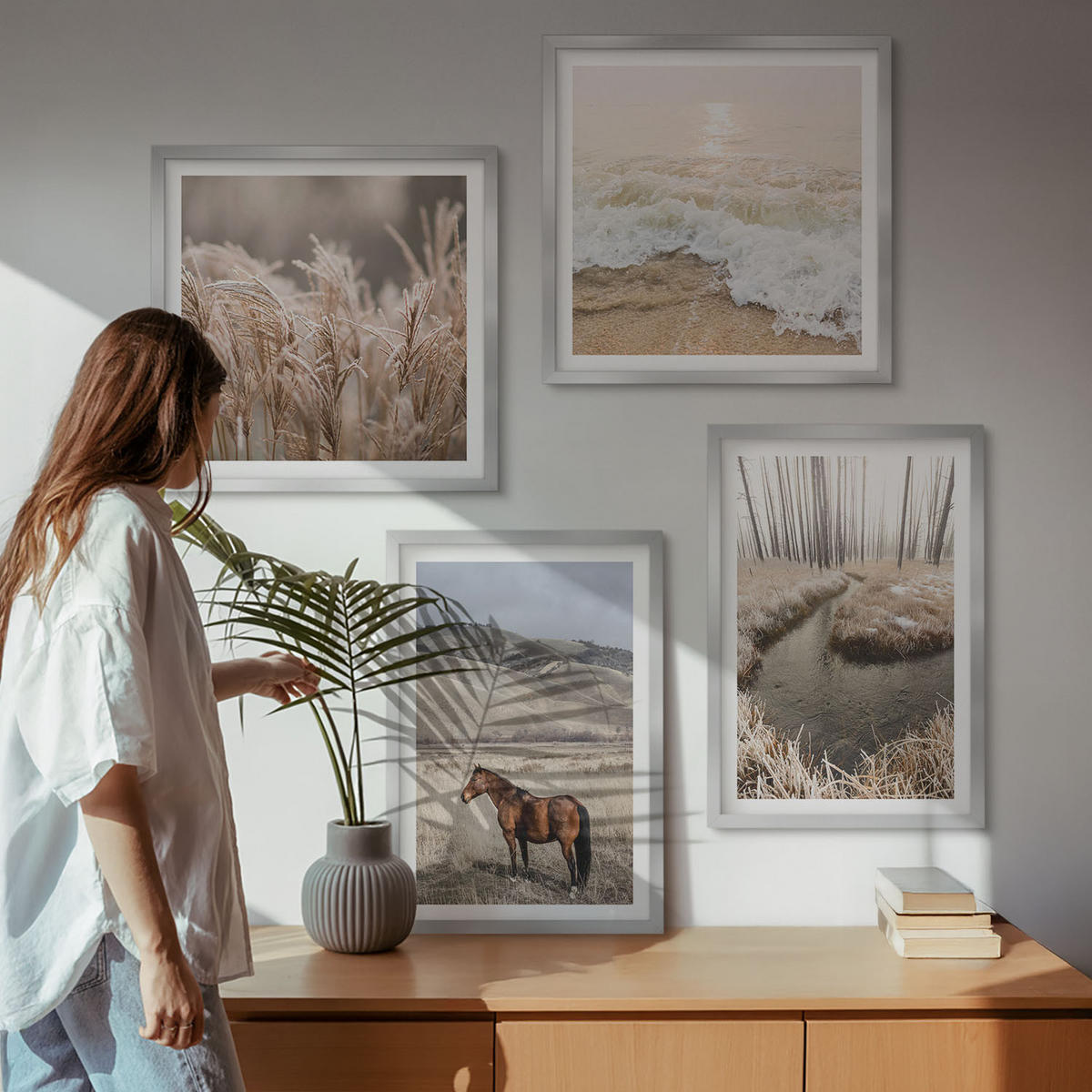 WANDBILDER 4er Set - 50x50 cm & 40x60 cm Silberner Rahmen - Pferdelandschaft Seegraswald - Silberfarben, Kunststoff (50/50cm) - ArtPrintCave