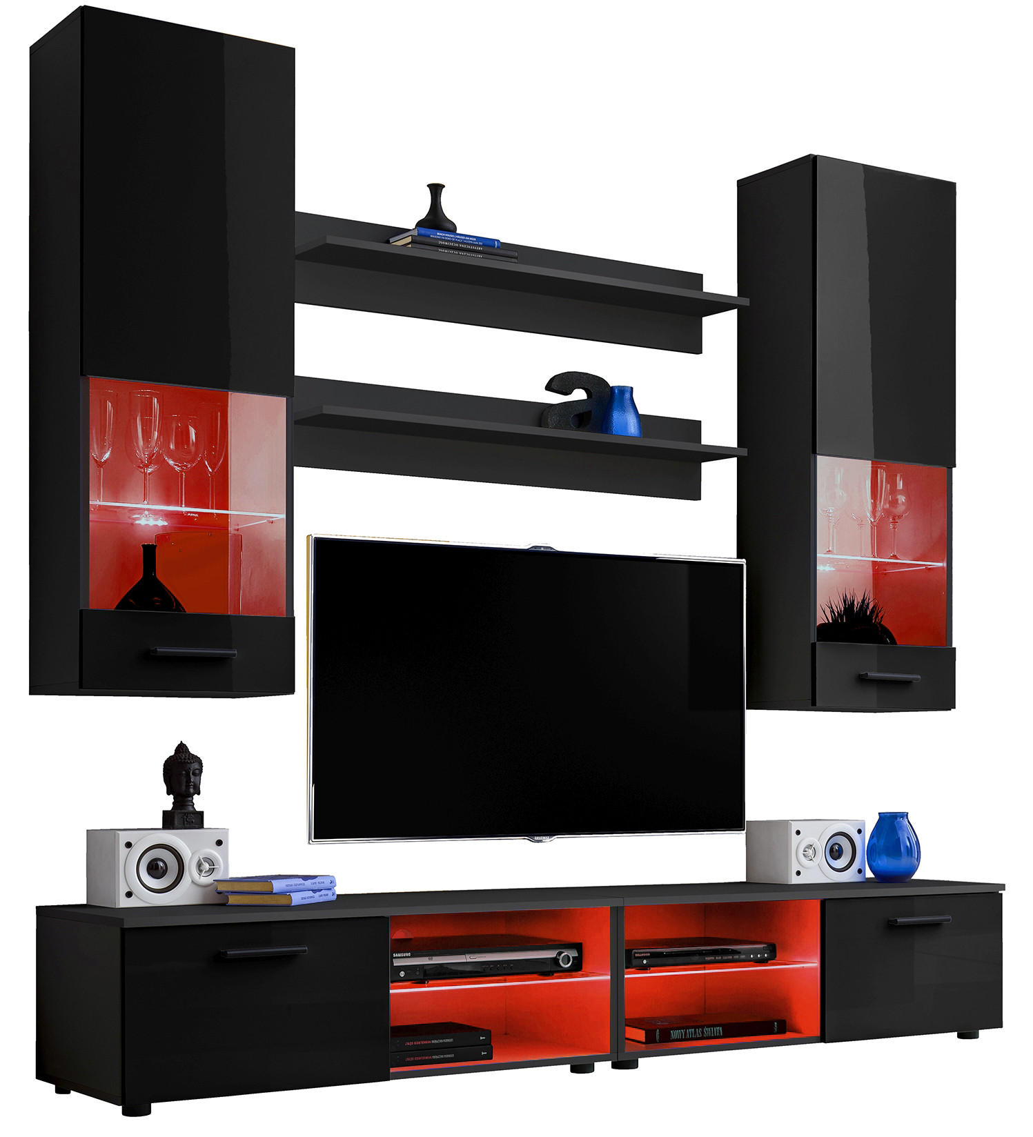WOHNZIMMERSET VARALLO, 6er-Set, Schwarz, Front Hochglanz Schwarz , LED Mehrfarbige - Schwarz, Glas/Holzwerkstoff (200/190/45cm) - Komodee