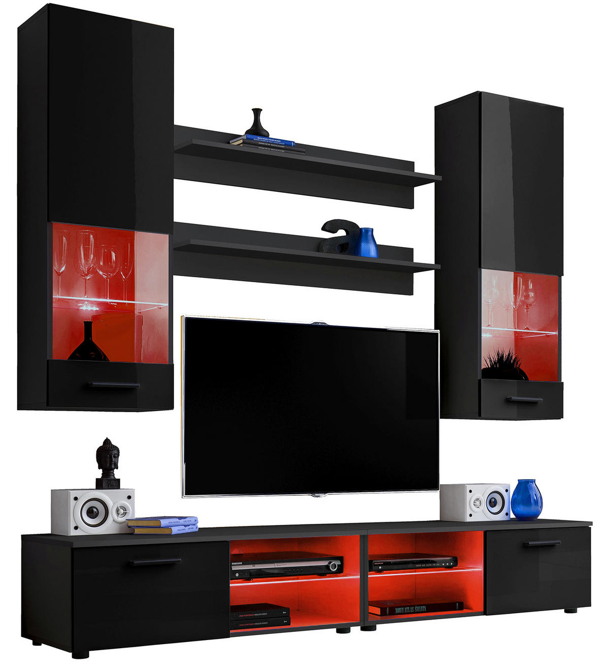 WOHNZIMMERSET VARALLO, 6er-Set, Schwarz, Front Hochglanz Schwarz , LED Mehrfarbige - Schwarz, Glas/Holzwerkstoff (200/190/45cm) - Komodee