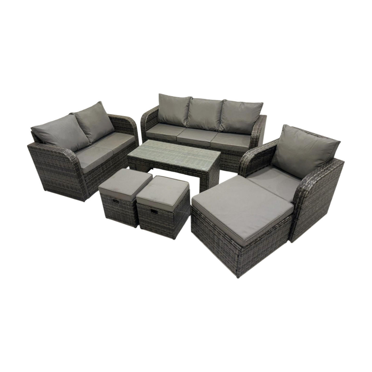 GARTENSOFA SET mit rechteckigem COUCHTISCH Polyrattan 9-Sitzer Dunkelgrau - Dunkelgrau/Grau, Glas/Kunststoff - Fimous