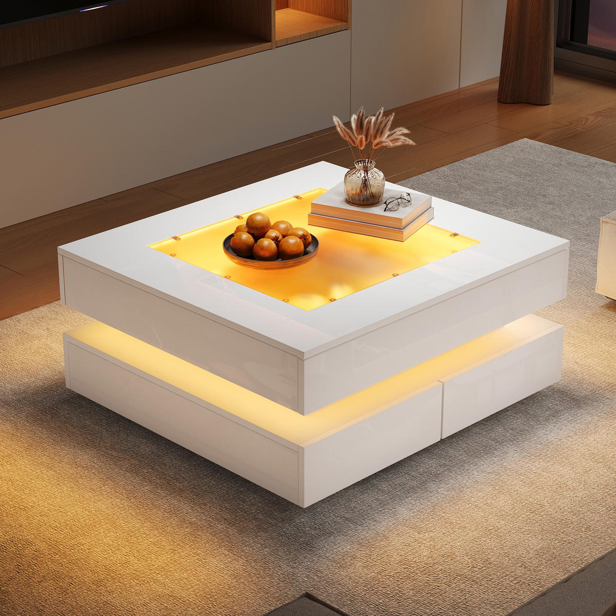 COUCHTISCH DE-37117 quadratisch mit Glasplatte, LED und 3 Schubladen Weiß - Weiß, Holzwerkstoff (70/70/35cm) - ComfortXL