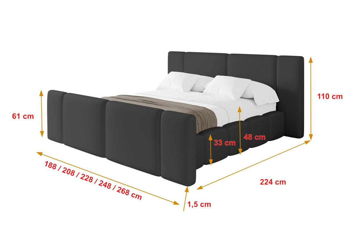 POLSTERBETT mit Bettkasten, Fußteil und Lattenrost, Bett mit Matratze H3/H4 - NILO-Z 120x200 Schwarz - Schwarz Hochglanz, Holzwerkstoff/Textil (120/200cm) - ALTDECOR