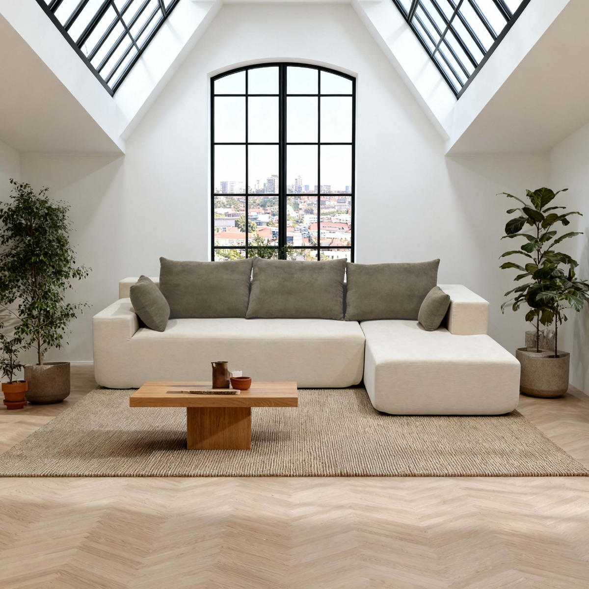 ECKSOFA Luna Weiß Sand 3-Sitzer Rechts - Beige, Textil (267/175cm) - COCO Living