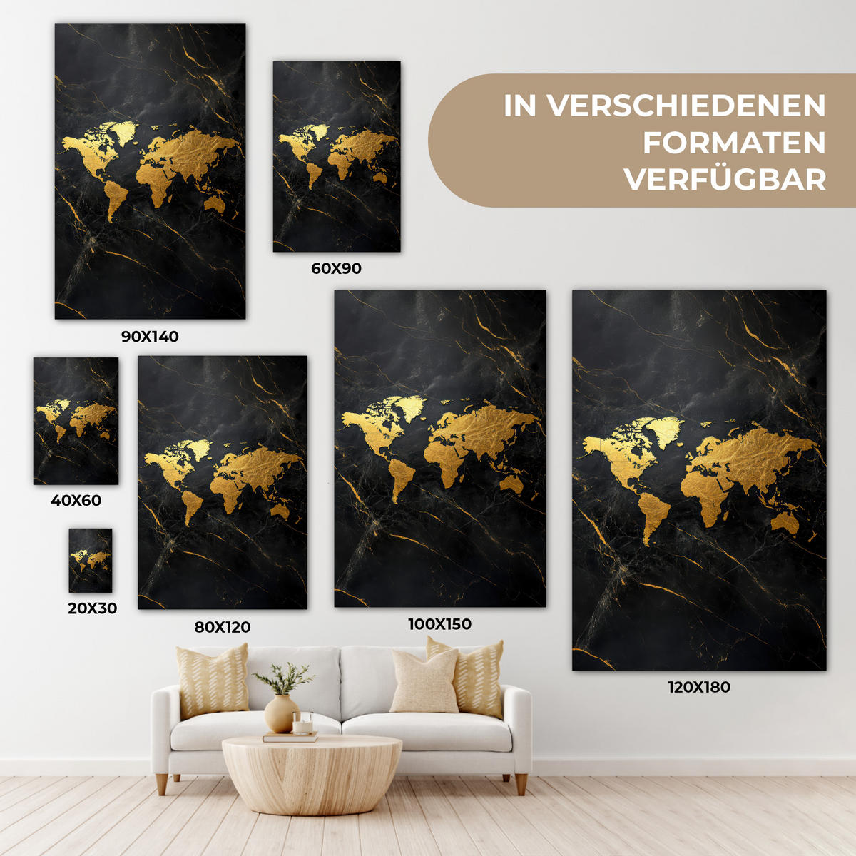 LEINWANDBILD Weltkarte - Gold - Marmor 20x30 cm - Goldfarben, Textil (20/30cm) - MuchoWow