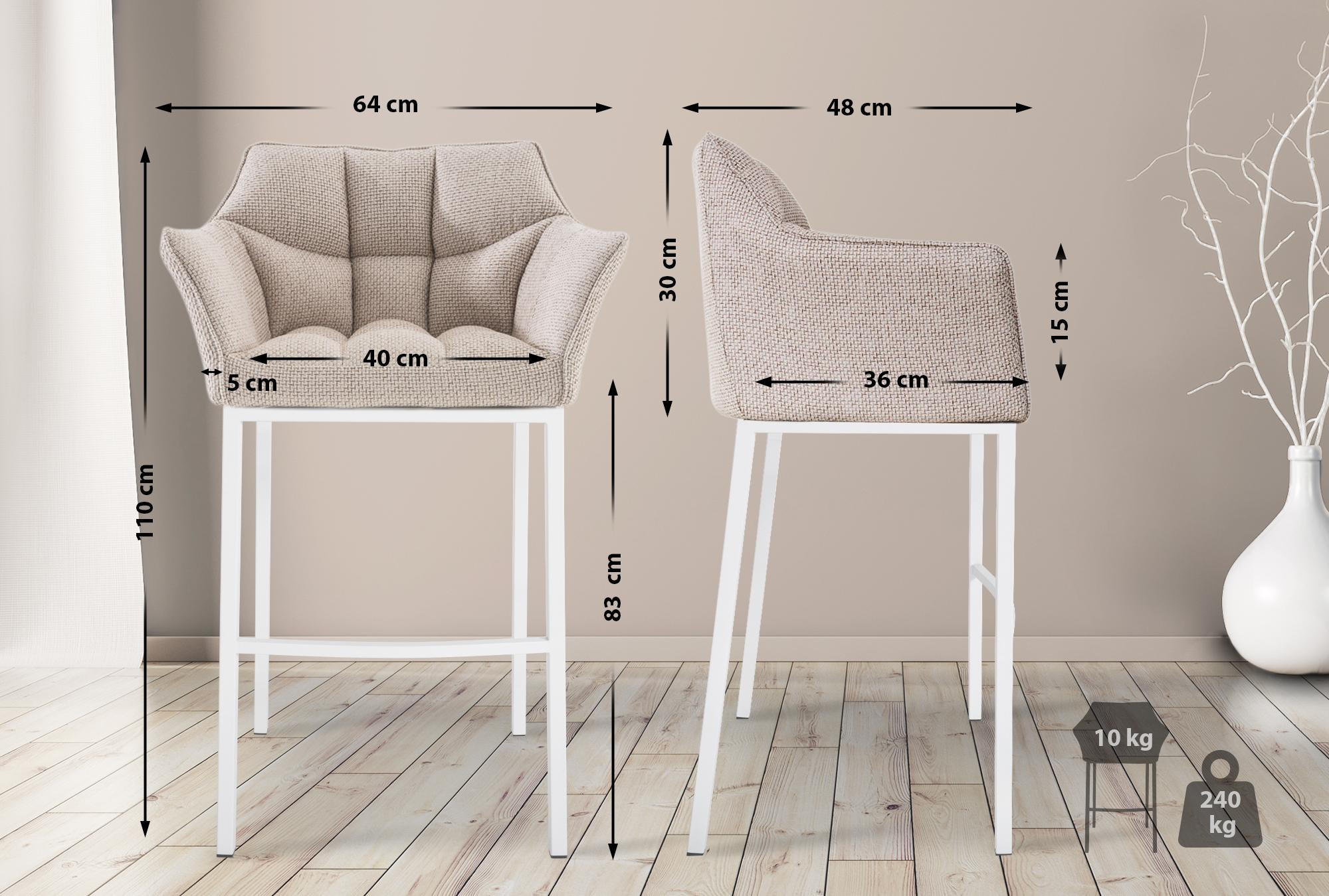 BARHOCKER 2er Set Stoff Elfenbein - Creme/Weiß, Textil/Metall (64/110/48cm) - CLP