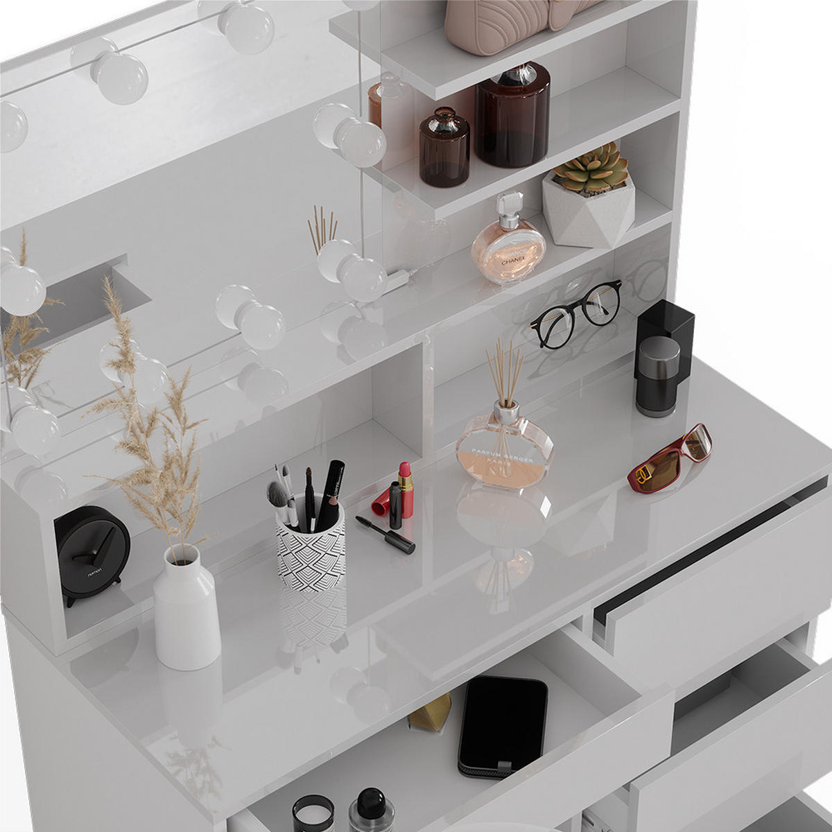 SCHMINKTISCH Sherry Weiß 140 cm mit LED Beleuchtung Hocker und Spiegelregal - Weiß, Holzwerkstoff (40/75/140cm) - Vicco