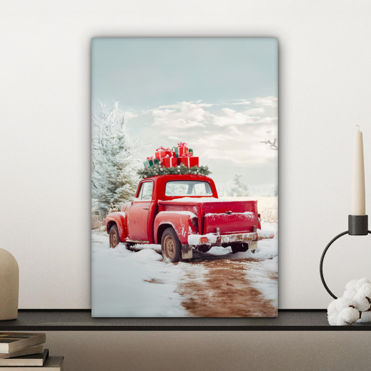 LEINWANDBILD Auto - Rot - Geschenke - Winter - Schnee - Weihnachten Deko Wohnzimmer 20x30 cm - Rot, Textil (20/30cm) - MuchoWow