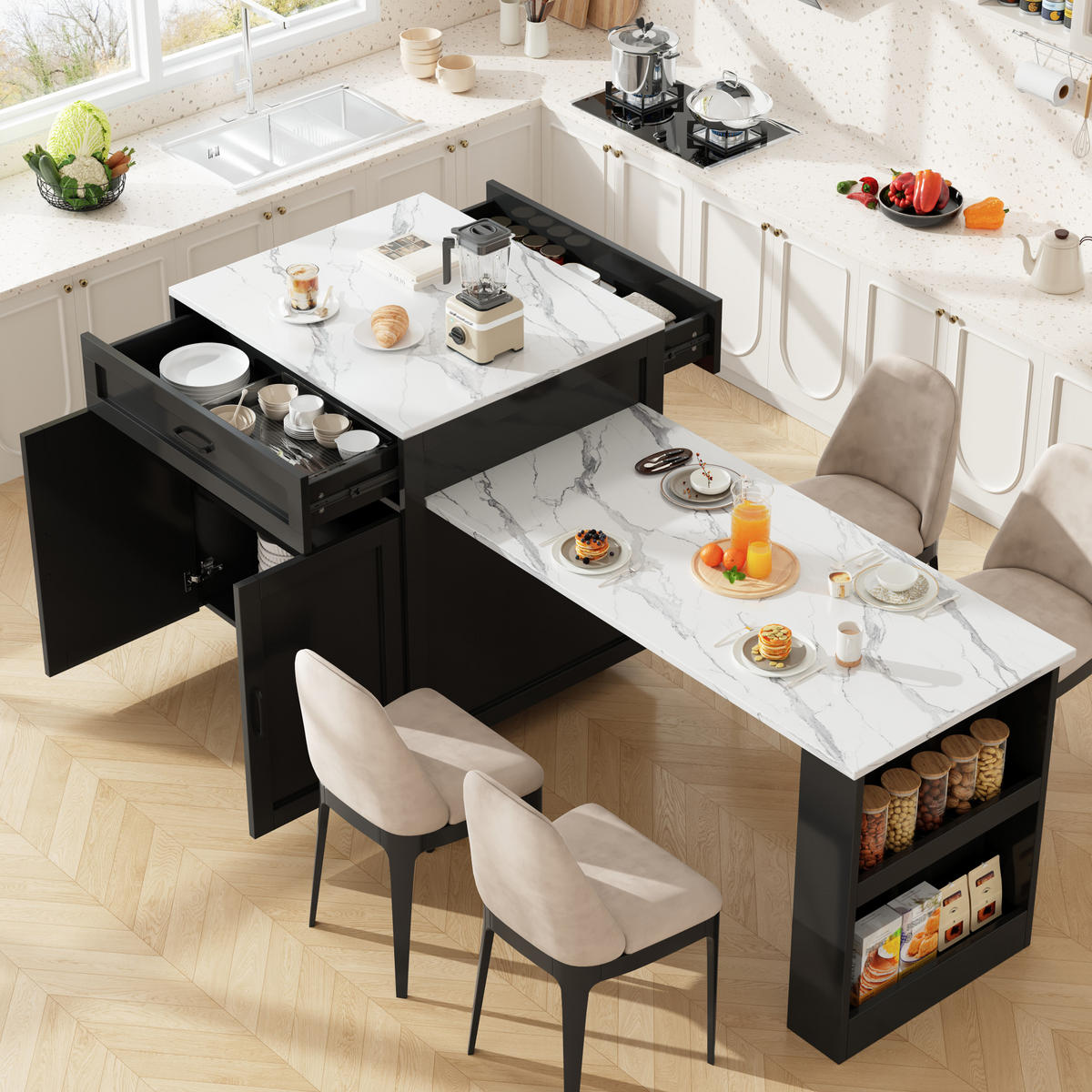 BARTISCH 98/204/70/93,5 cm in Schwarz mit Stauraum und Rollen - Schwarz, Holzwerkstoff (70/204/93.5cm) - BEAOK