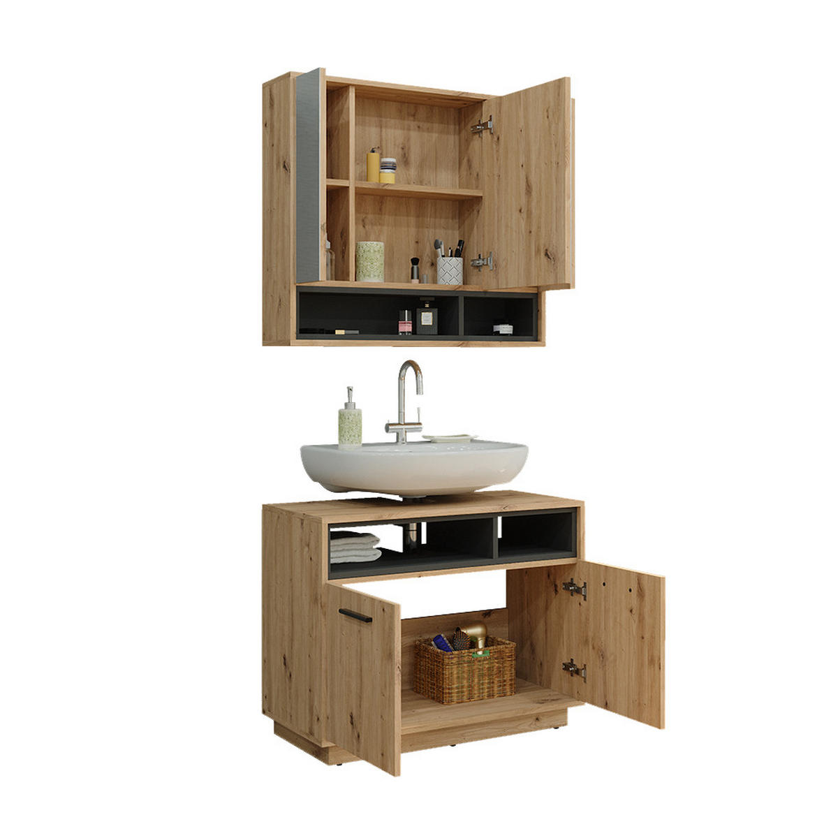 BADMÖBEL-SET Beatrice Artisan-Eiche 2 Teile - Anthrazit/Eiche Artisan, Holzwerkstoff (80/64/40cm) - Vicco