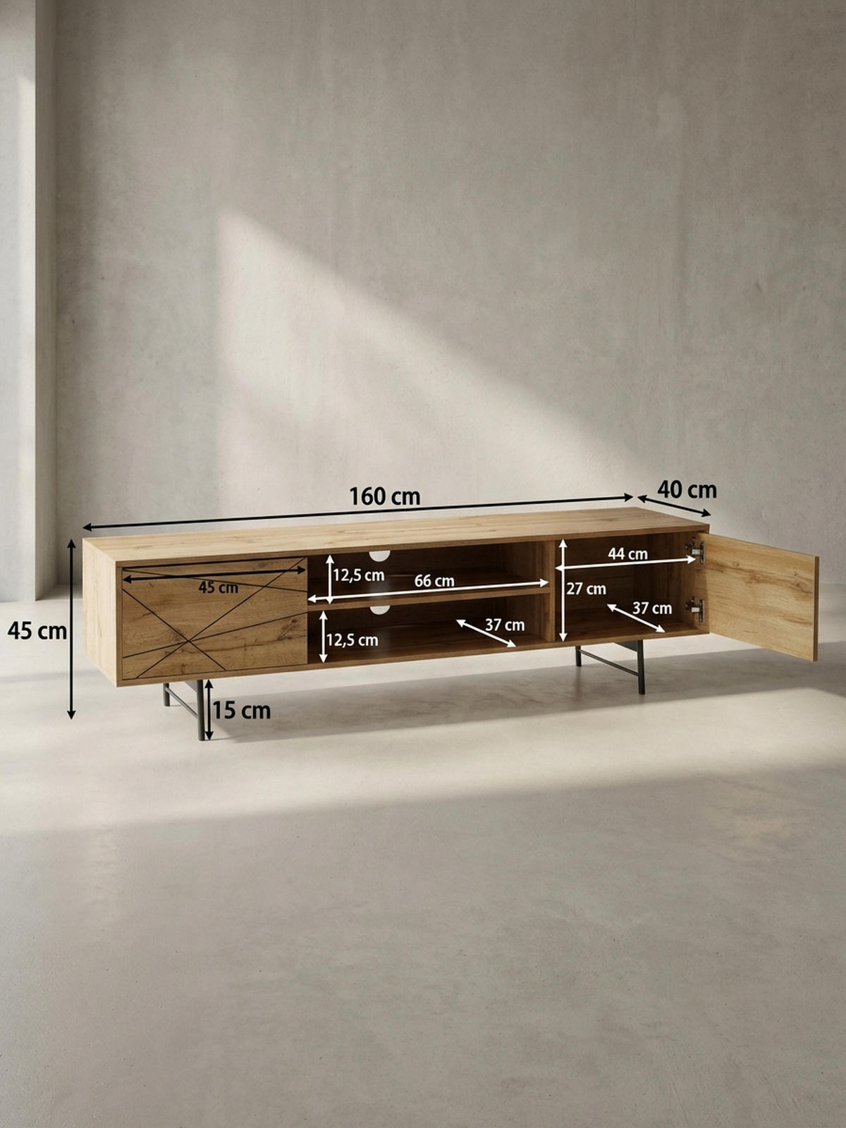 LOWBOARD Eiche-Dekor Modern Stil 160 cm Breit mit Linienmuster - Schwarz/Braun, Holz/Metall (160/45/40cm) - KADIMA DESIGN