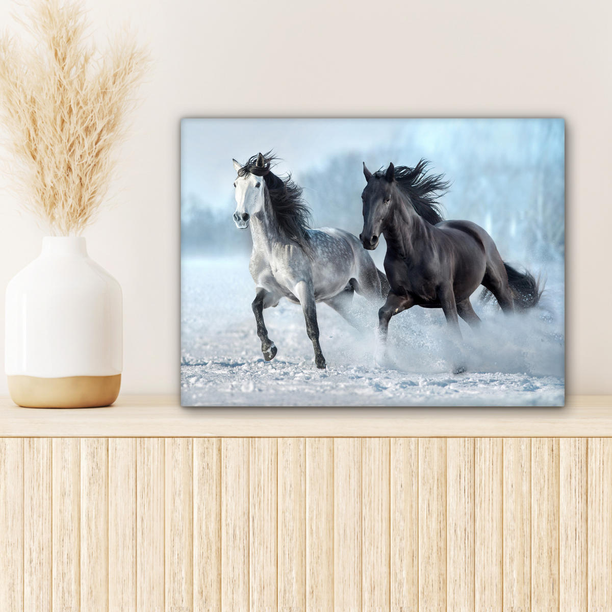 LEINWANDBILD Pferde - Winter - Tiere - Natur - Schnee Wandbild 40x30 cm - Anthrazit, Textil (40/30cm) - MuchoWow