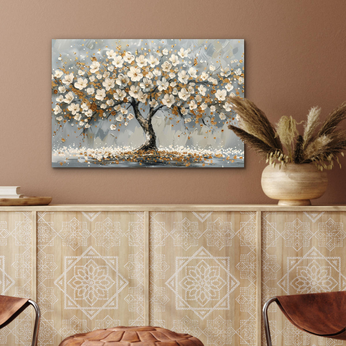 METALLBILD Baum - Blumen - Weiß - Natur - Kunst 60x40 cm - Weiß, Metall (60/40cm) - MuchoWow