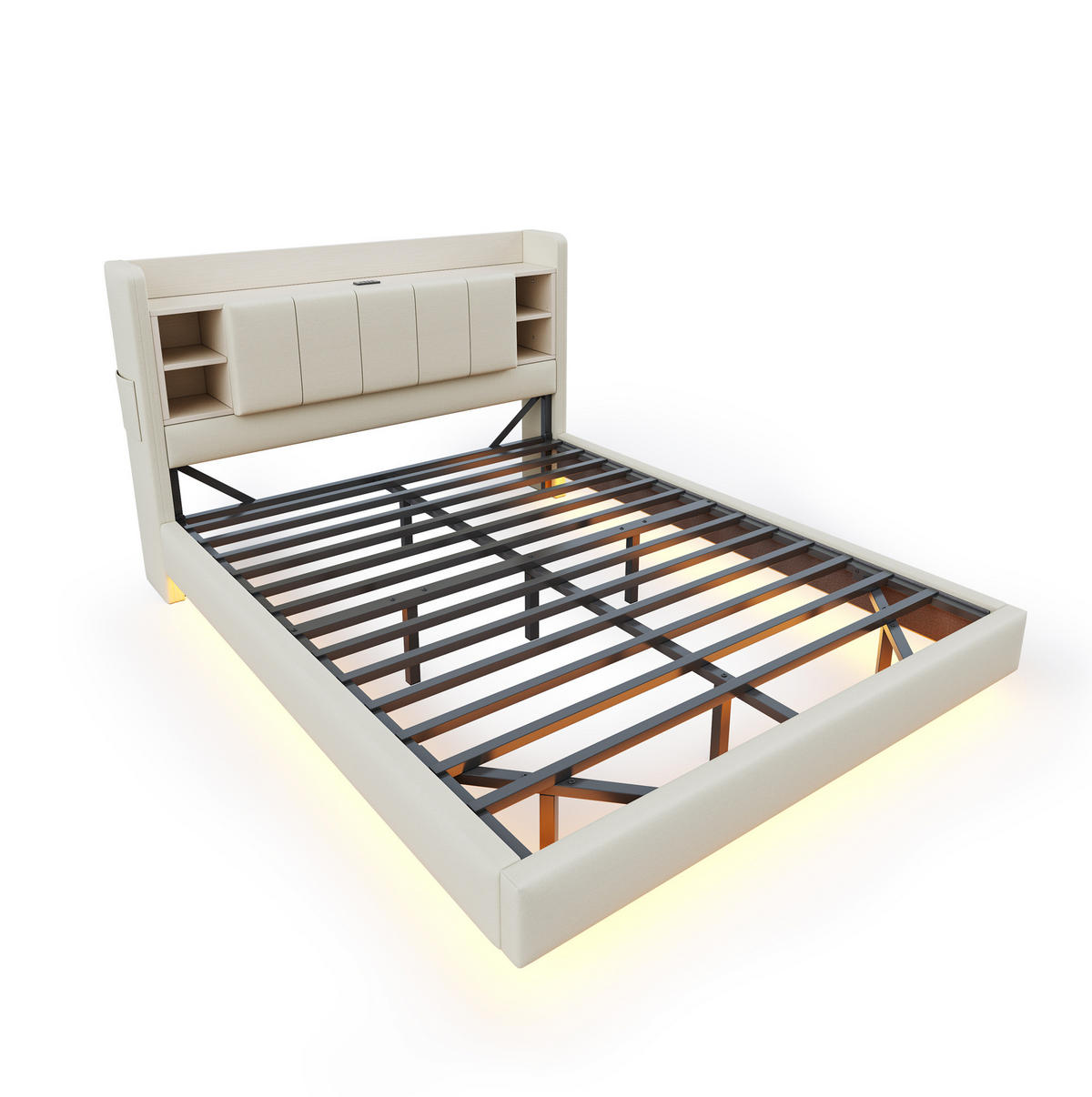 ČALÚNENÁ posteľ 160/200 cm s LED osvetlením, USB portom a úložným čelom, z ľanovej látky, Béžová - béžová, textil (160/200cm) - Redom