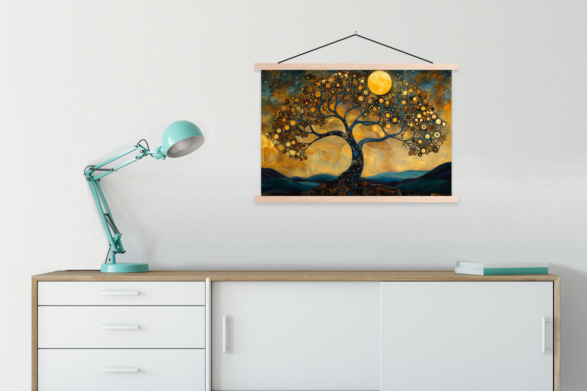 POSTER Baum - Mond - Blumen - Gold - Kunst 90x60 cm - Orange, Textil (90/60/0.15cm) - MuchoWow