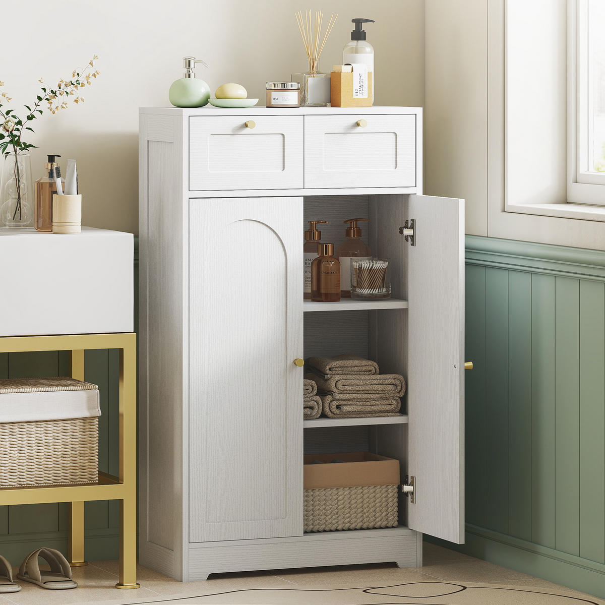 MIDISCHRANK DE-17339 2 Schubladen, 3-fach verstellbares Regal Weiß - Weiß, Holzwerkstoff (30/108/60cm) - ComfortXL