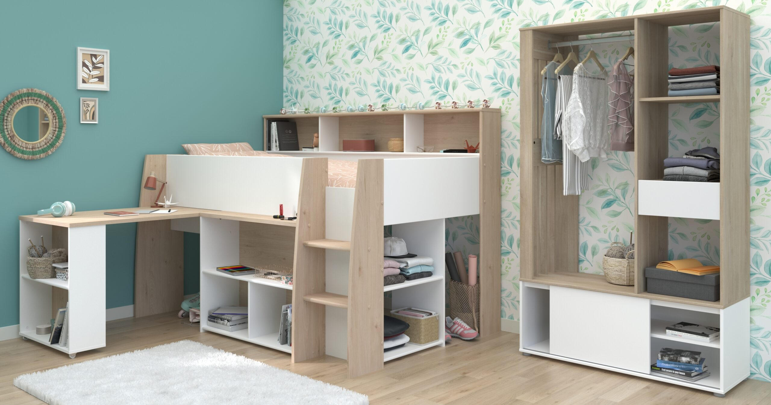 JUGENDZIMMER Lucas 11 in Japanischer Eiche und Weiß 3 teilig mit Hochbett - Braun, Holzwerkstoff (120/200/80cm)