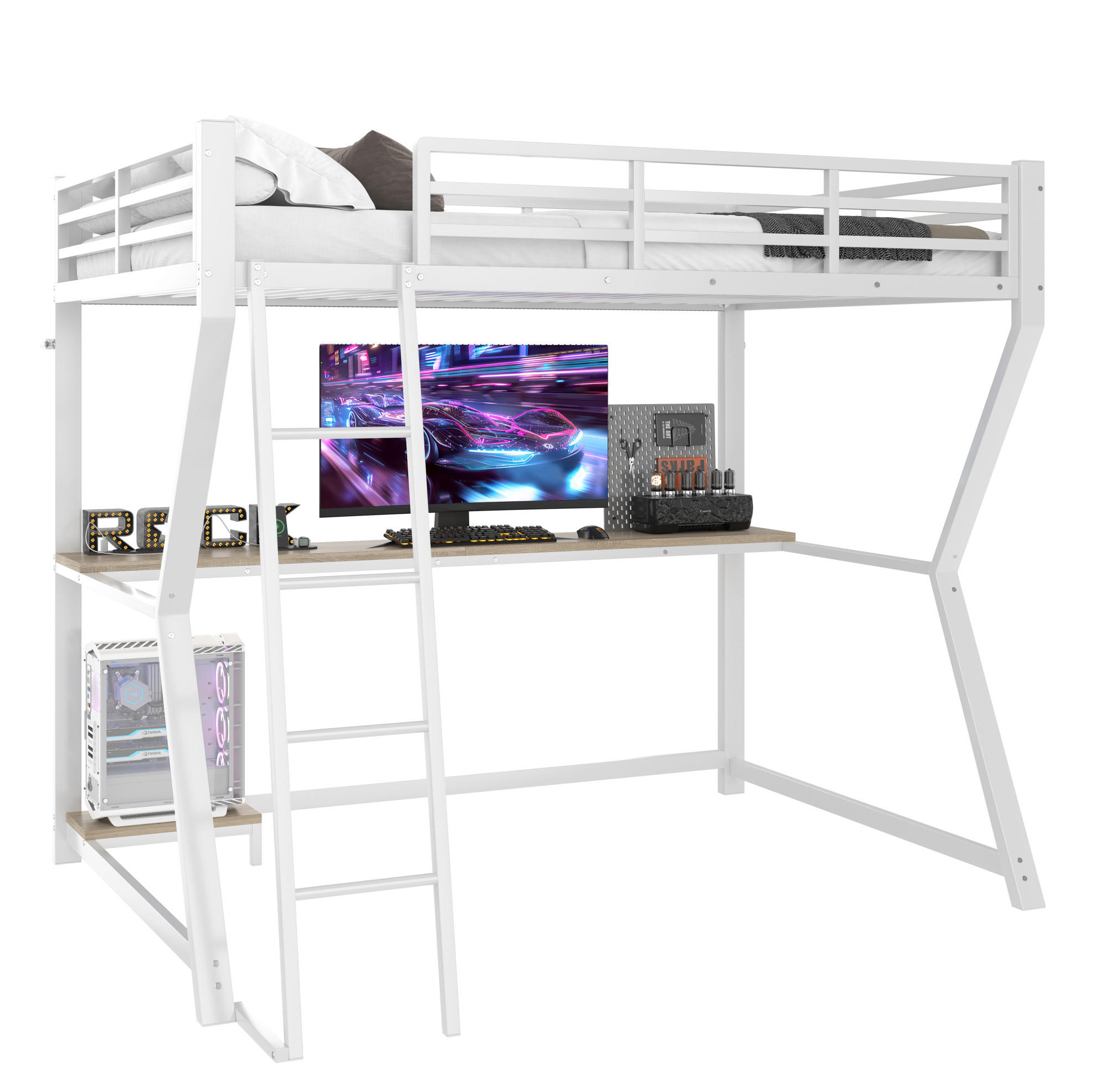 Modfu PATROVÁ postel z kovu a MDF 90x200 cm bílá s LED osvětlením, psacím stolem, zásuvkou a USB