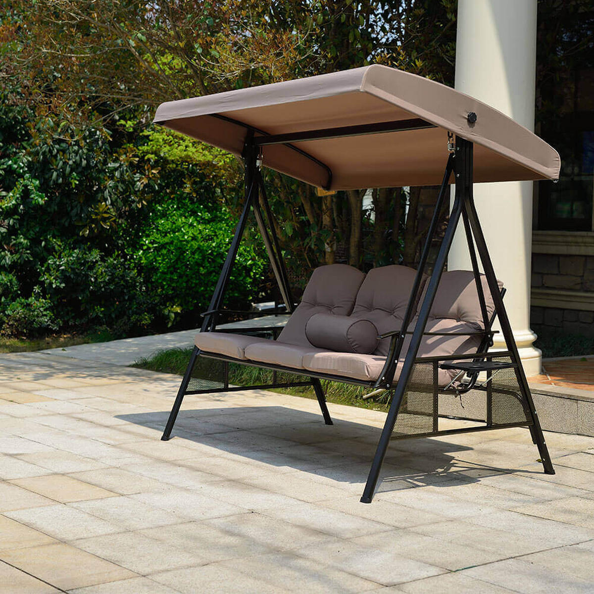 HOLLYWOODSCHAUKEL DESCANSO - Beige, Mit Regenabdeckung - Beige, Textil/Metall (115/195/198cm) - Home Deluxe