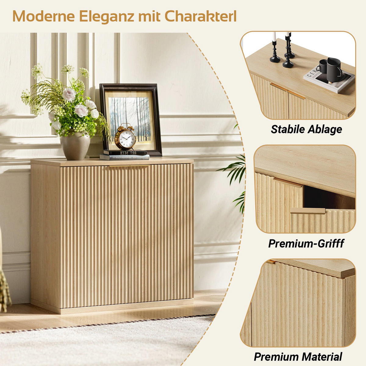 SIDEBOARD in Heller Holzoptik mit Geriffelter Front, Beige - Beige, Holzwerkstoff (40/80cm) - Urban Meuble