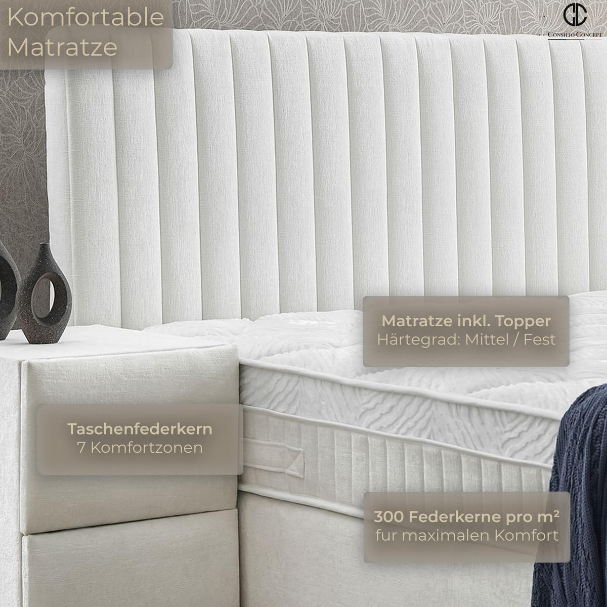 BOXSPRINGBETT MIT BETTKASTEN LYON 90/200 cm, Ivory, Bettkasten, Matratze, Topper integriert, H3 mittel - Creme/Schwarz, Holz/Kunststoff (90/200cm) - Consilio Concept
