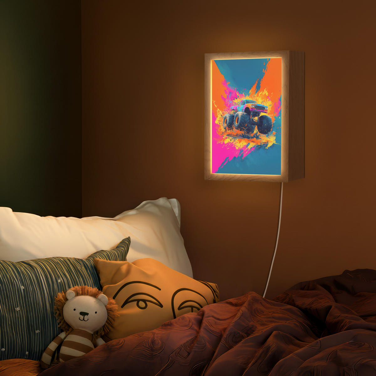 NÁSTĚNNÁ LAMPA Monster truck - Abstraktní - Stříkající barva - Barevné 20x30 cm - růžová, kompozitní dřevo (20/30/8cm) - OnlyWow
