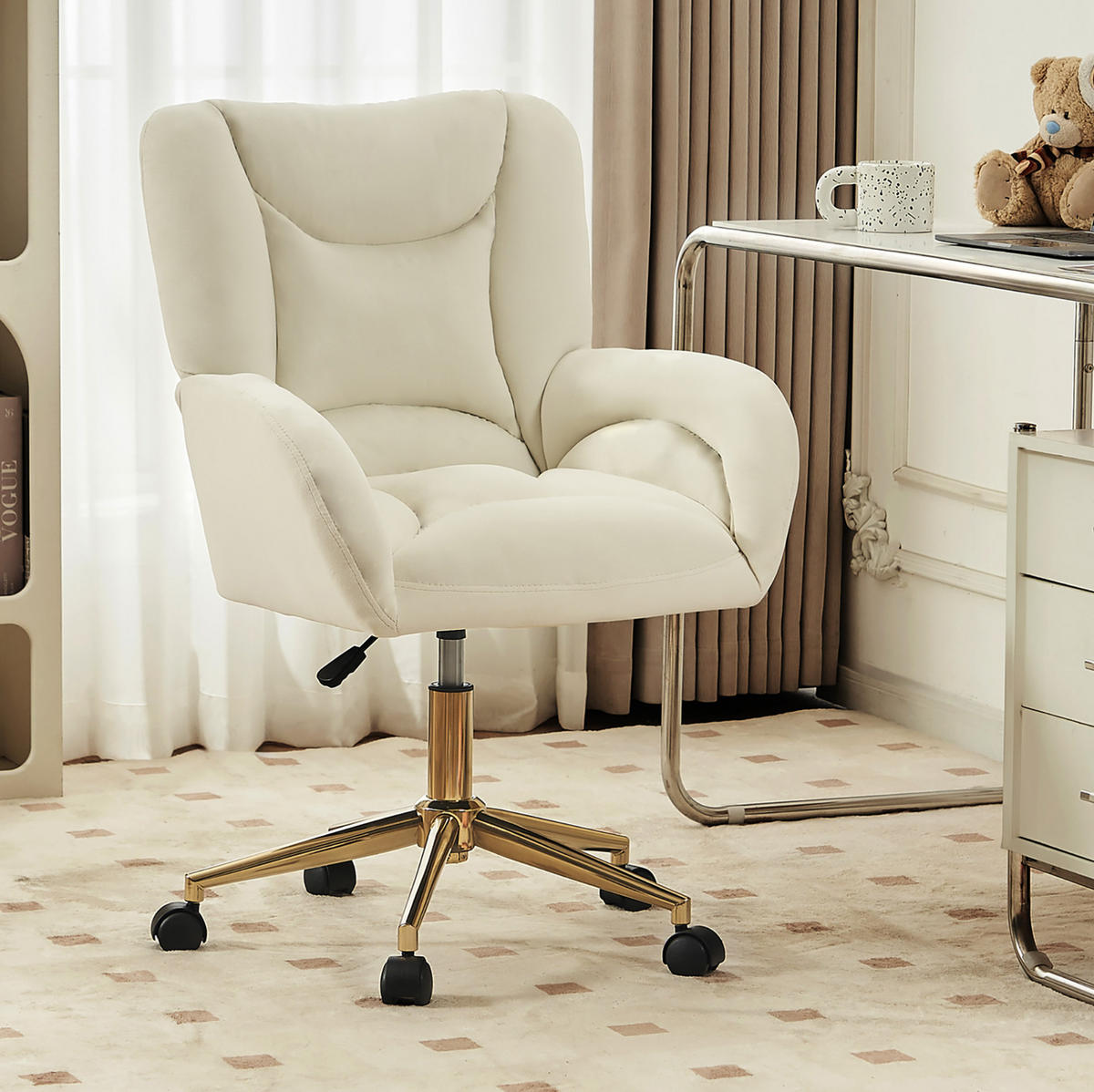 DREHSTUHL höhenverstellbar Samt Ivory mit Rollen - Weiß, Metall (62/92.5/64cm) - Meubliv