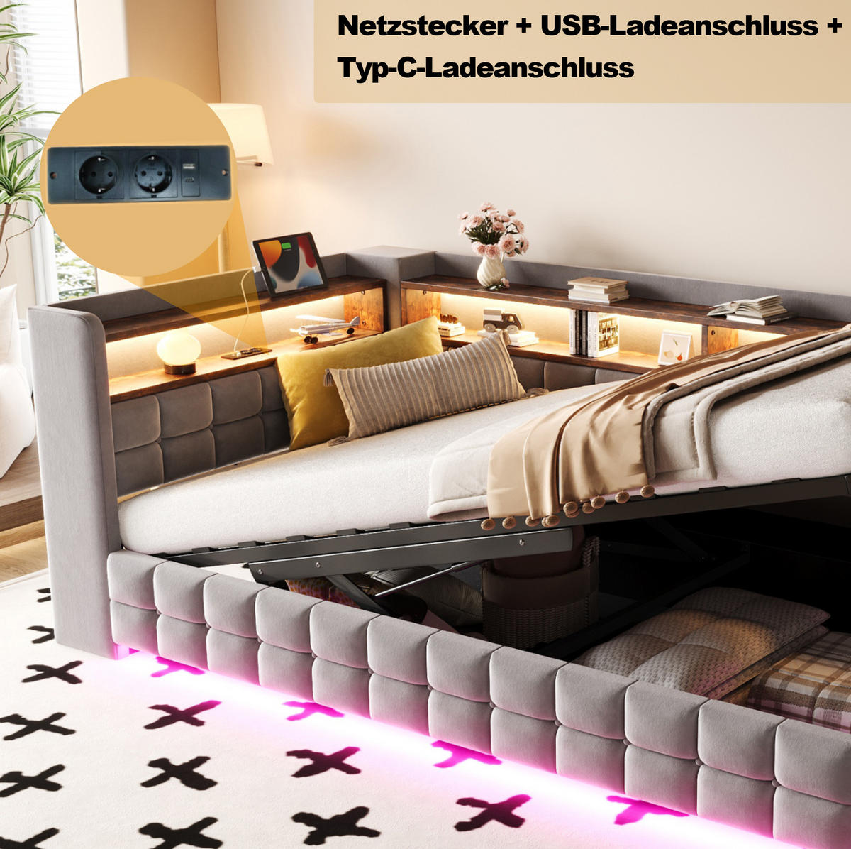 POLSTERBETT 90/200 cm Hellgrau aus Velours mit Stauraum mit LED-Beleuchtung - Hellgrau, Textil (90/200cm) - OKWISH