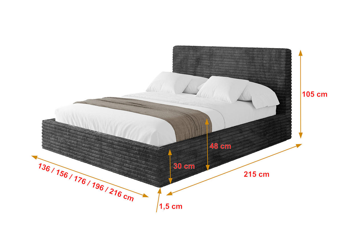 POLSTERBETT mit Bettkasten und Lattenrost, Bett mit Matratze H3/H4 - ALOVA - Schwarz, Holzwerkstoff/Textil (160/200cm) - ALTDECOR