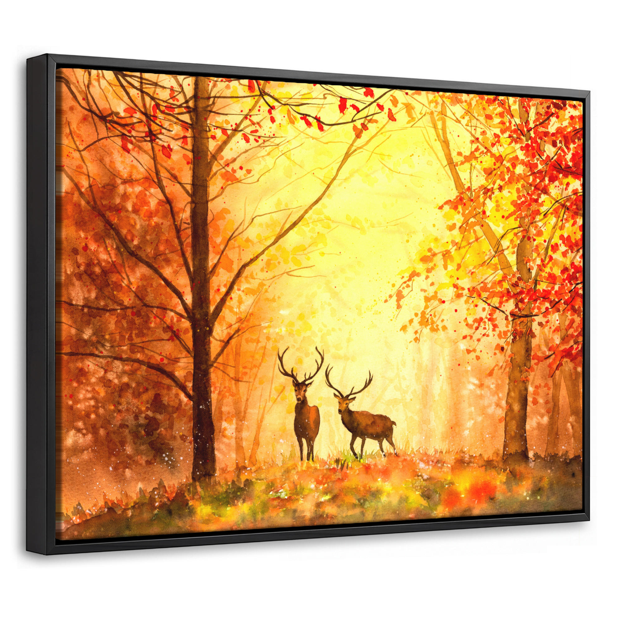 LEINWAND Bilder mit Rahmen - Natur - Ölfarbe - Hirsche - Tiere - Herbst - Orange - 40x30 - Orange, Textil (40/30cm) - MuchoWow