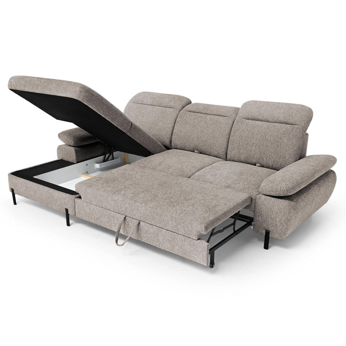ECKSCHLAFSOFA Sora Mini mit verstellbaren Kopfstützen und Schlaffunktion, Chenille-Stoff, Hellbraun, Links - Hellbraun/Schwarz, Textil (285/190cm) - Beautysofa