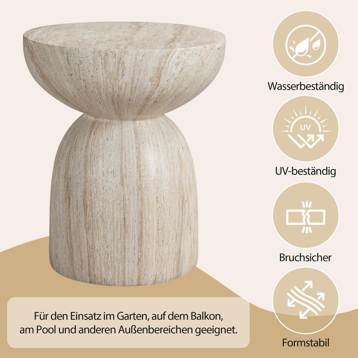 BEISTELLTISCH in Travertinoptik,aus MgO - Beige, Naturmaterialien (45/45/52.5cm) - KOMHTOM